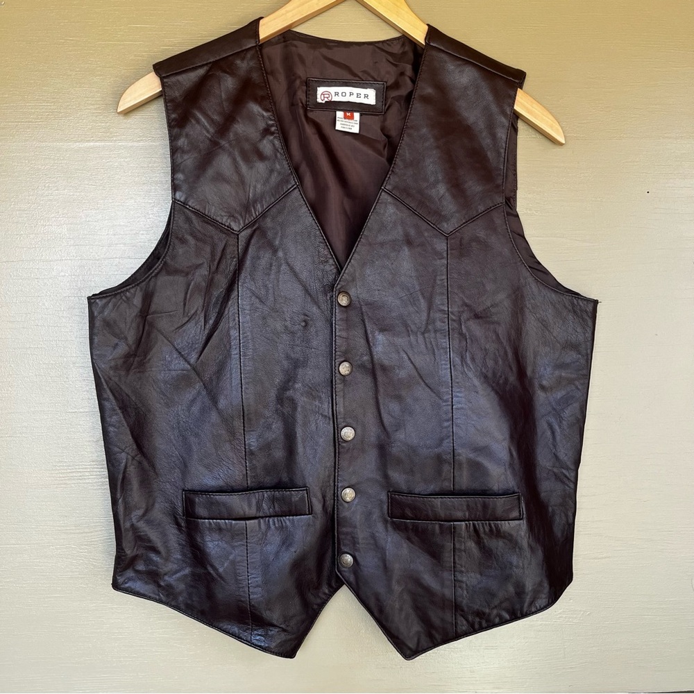 Roper Brown Leather Snap Button Western Vest Medium